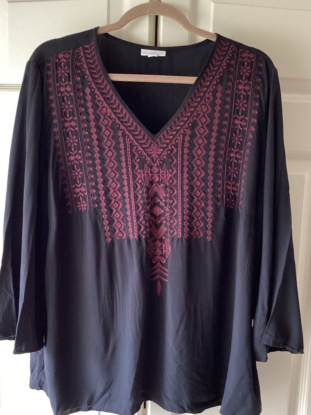 J. Jill Black V-Neck Tunic with Burgundy Embroidered Bib